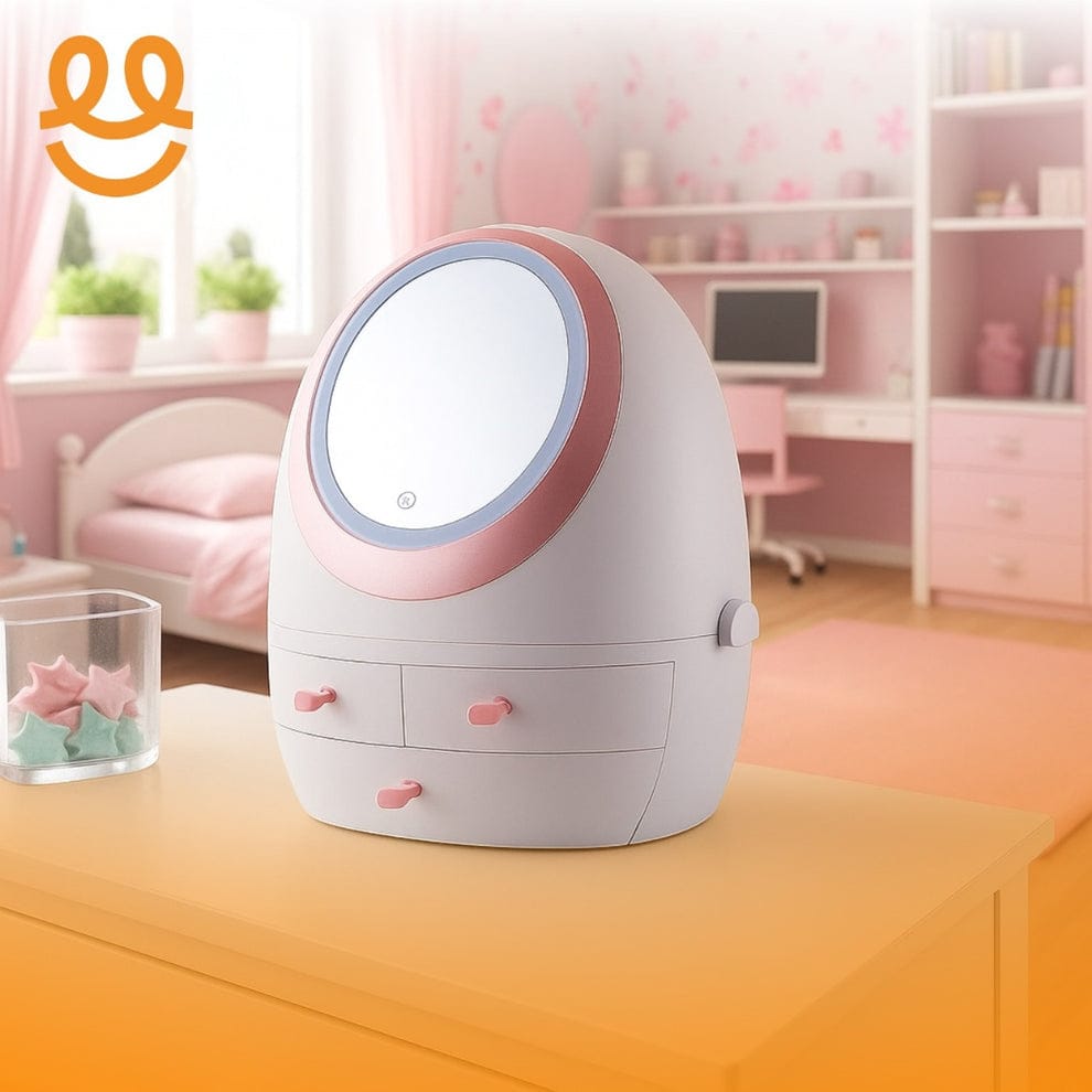 Oval Mirror Cosmetic Storage Organizer with Led Light