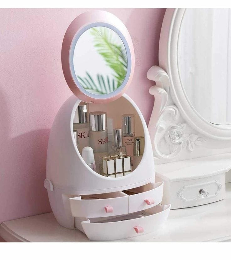 Oval Mirror Cosmetic Storage Organizer with Led Light